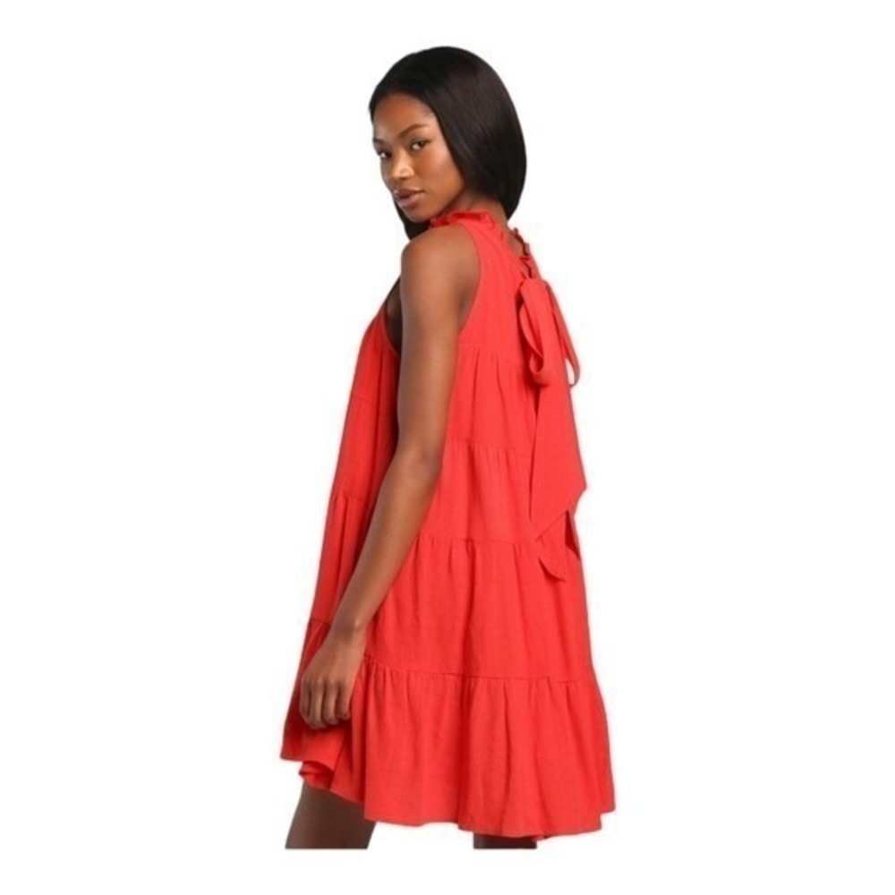 Lulus Womens Red Linen Blend Tiered Mini Dress S Sleeveless Ruffle Tie Back Boho - Picture 2 of 13
